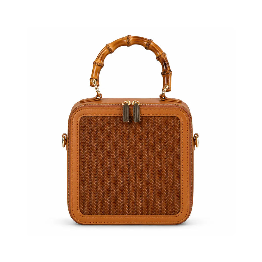 Apsley Weave structured handwoven bamboo box bag with bamboo handle