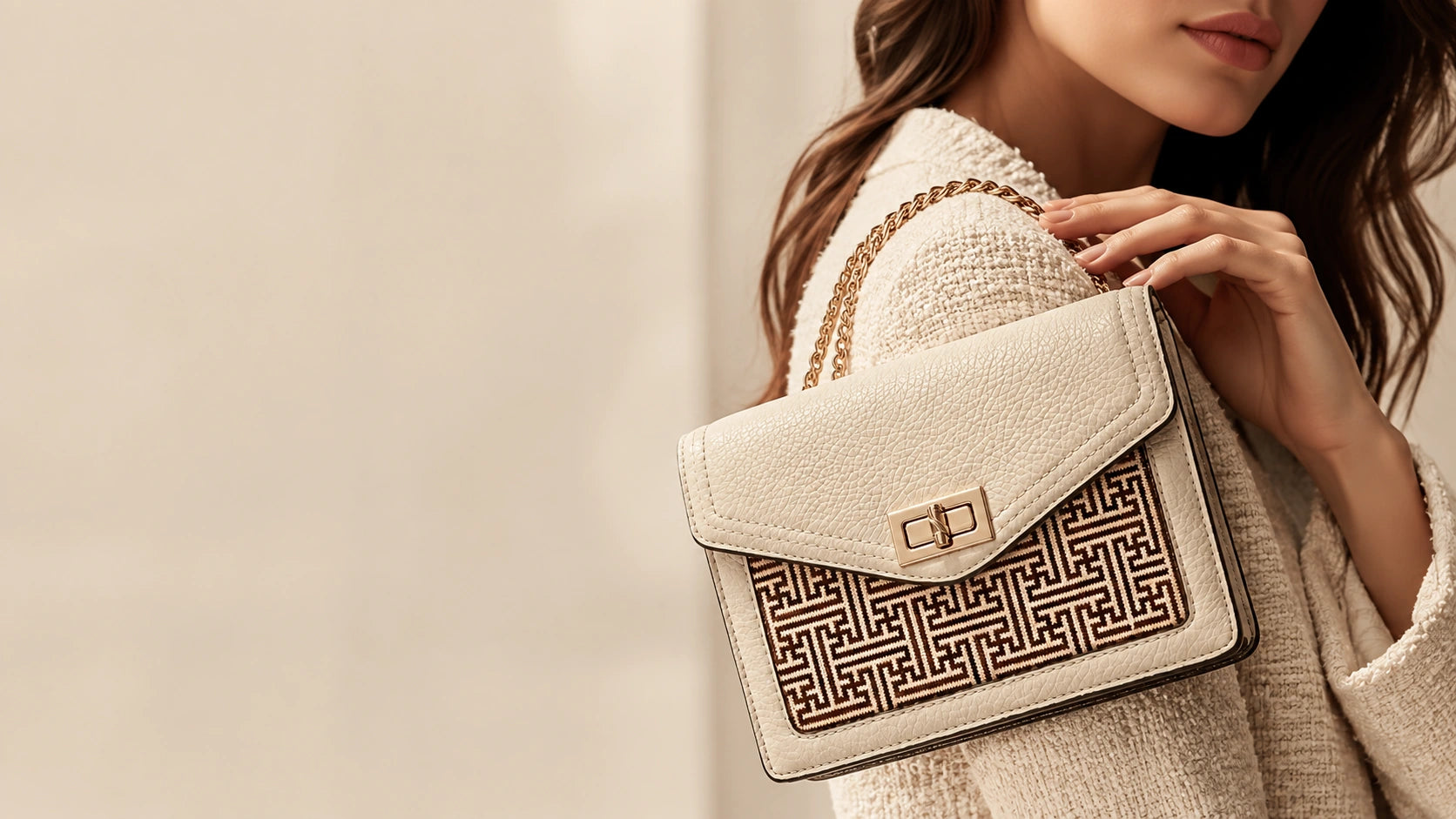 Bamboura handwoven bamboo bag styled with warm quiet luxury textures