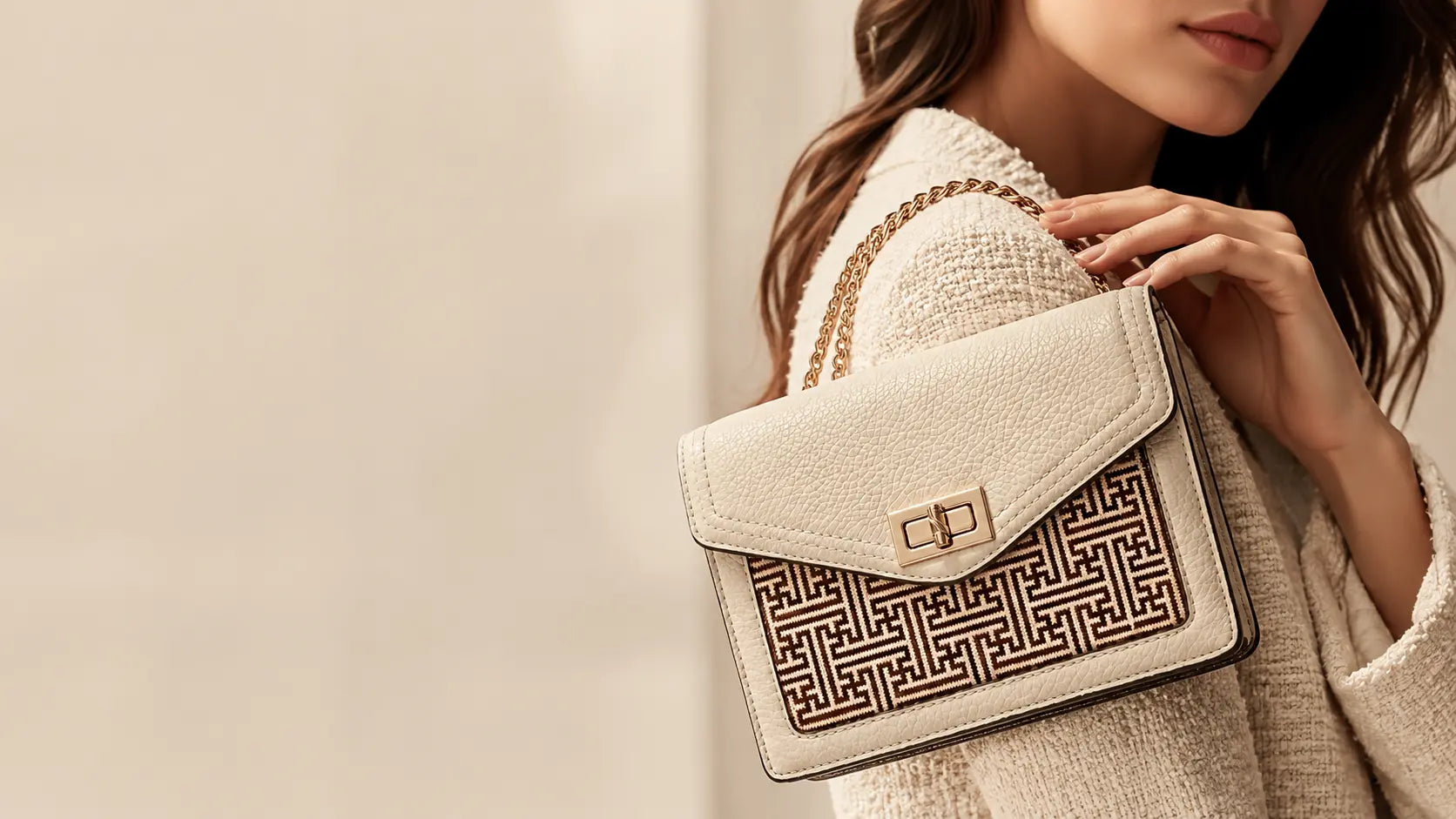 Bamboura handwoven bamboo bag styled with warm quiet luxury textures