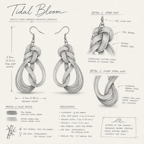 Close-up of Tidal Bloom handwoven bamboo spiral earrings