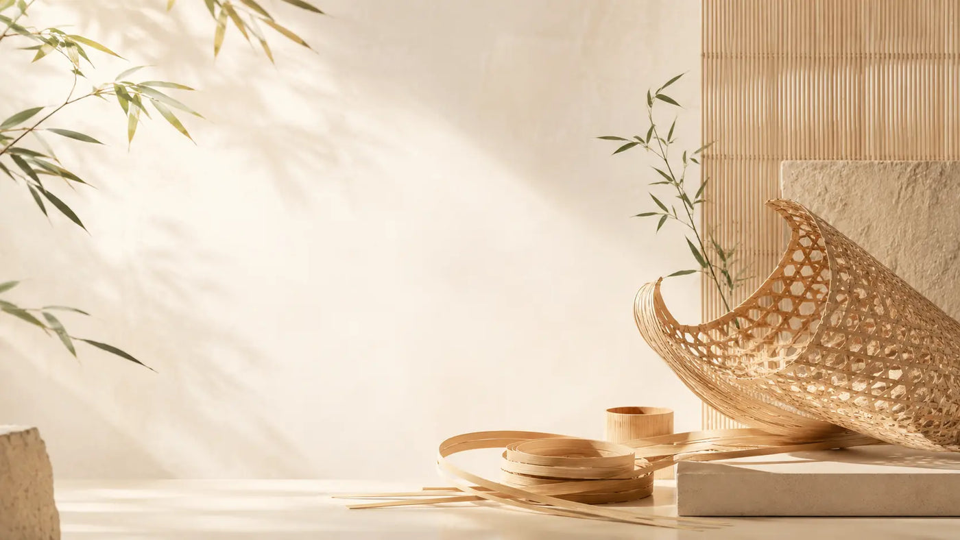 Bamboo weaving in progress with natural bamboo strips