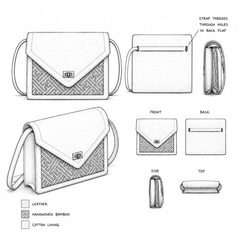Ivory Atelier handcrafted bamboo leather bag design sketch showing front, back and side views with detailed construction of the woven bamboo panel.