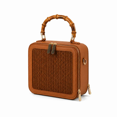 Apsley Weave structured handwoven bamboo box bag front view with bamboo handle
