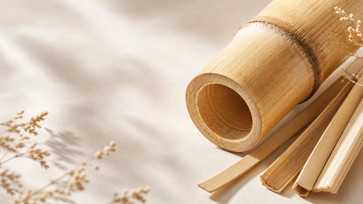 Close-up of bamboo stalk structure and prepared bamboo strips showing the natural fibres used in handwoven accessories.