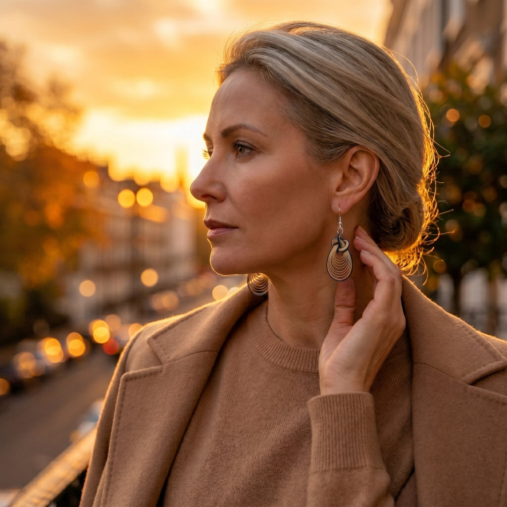 Close-up of Cloud Drop handwoven bamboo teardrop earrings