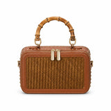 Regent Weave structured handwoven bamboo box bag with bamboo handle on white background