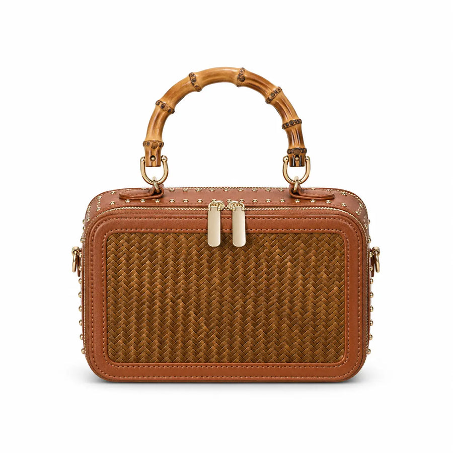 Regent Weave structured handwoven bamboo box bag with bamboo handle on white background