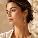 Model wearing Bamboura Wind Chimes lightweight bamboo drop earrings