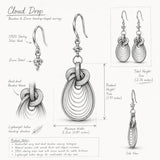 Cloud Drop Bamboo & Zircon teardrop earrings design sketch showing S925 silver hooks and handwoven heat-bent bamboo craft
