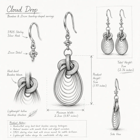 Cloud Drop Bamboo & Zircon teardrop earrings design sketch showing S925 silver hooks and handwoven heat-bent bamboo craft