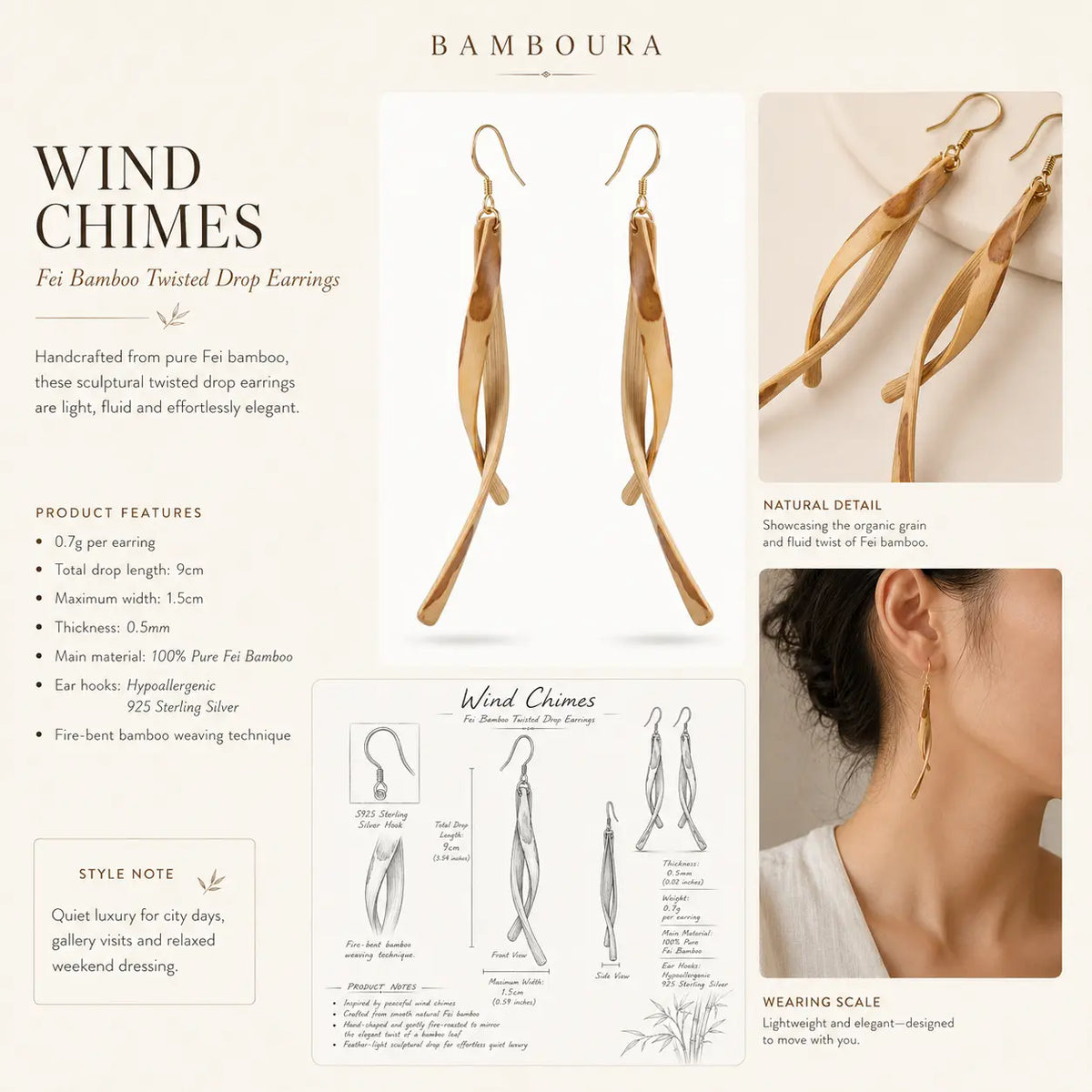 Fire-bent bamboo technique used to shape Wind Chimes earrings