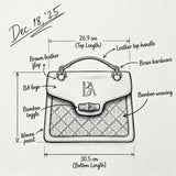 Technical sketch of Heritage Arc bamboo leather handbag showing design proportions and structural dimensions