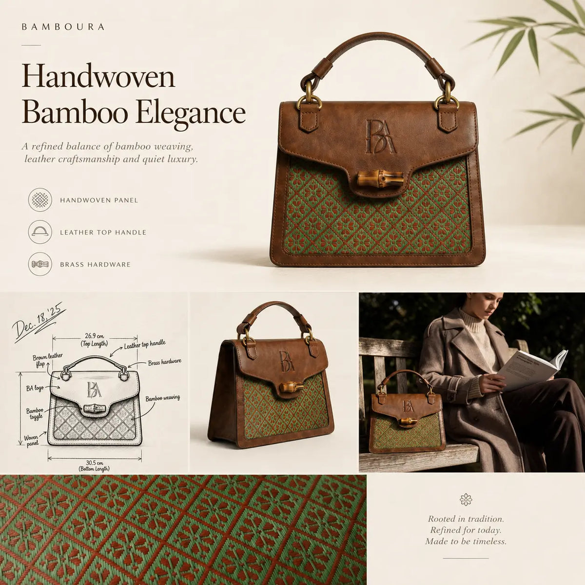 Handcrafted bamboo leather handbag Heritage Arc made in small batches with artisanal weaving process