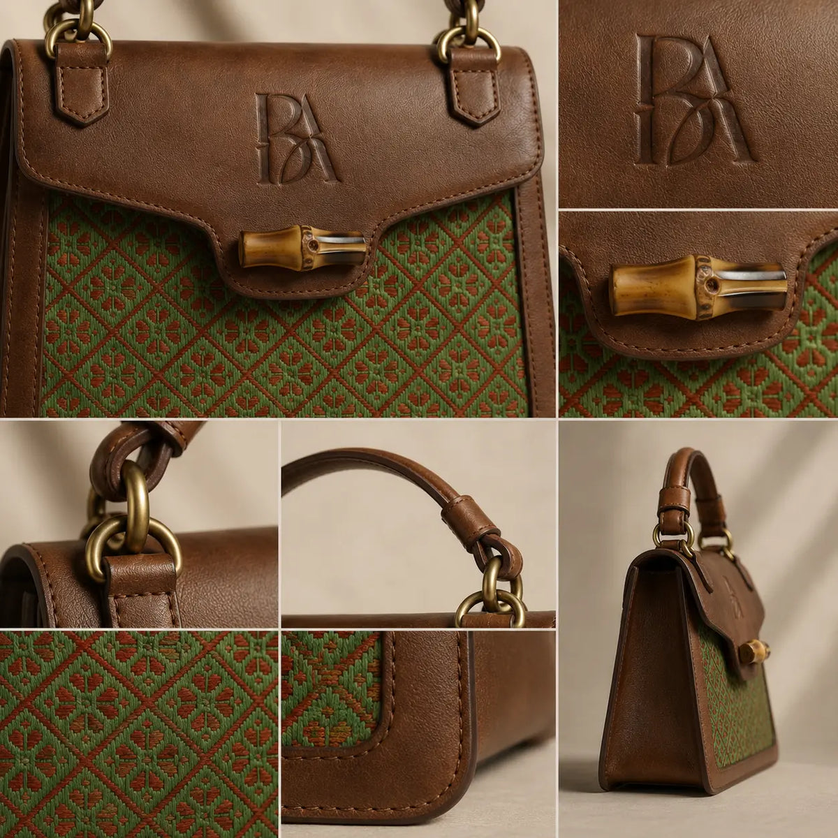 Close-up of handwoven bamboo panel and vegetable-tanned leather detail on Heritage Arc structured handbag