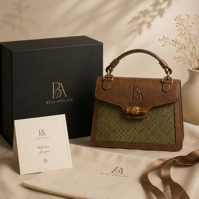 Heritage Arc bamboo leather handbag combining handwoven bamboo craftsmanship with structured modern design for sustainable luxury