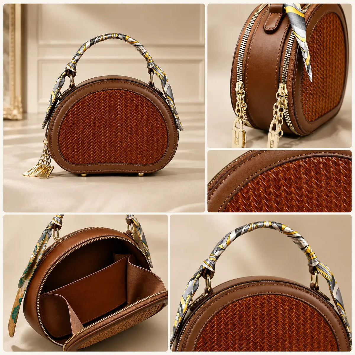 Half Moon bamboo bag detail collage showing handwoven bamboo panel silk handle gold-tone hardware and interior