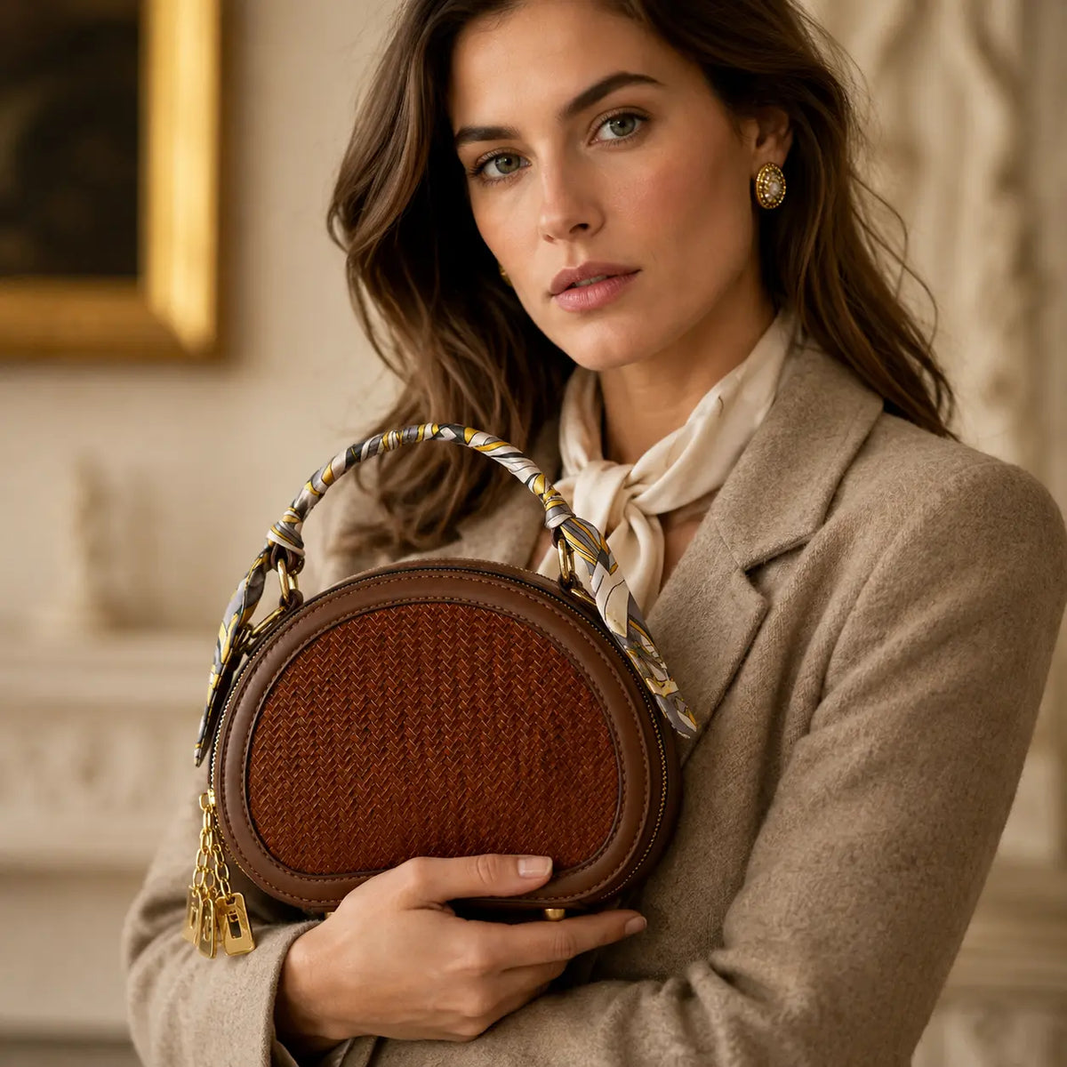 Model holding Half Moon handwoven bamboo bag with silk-wrapped handle in quiet luxury styling