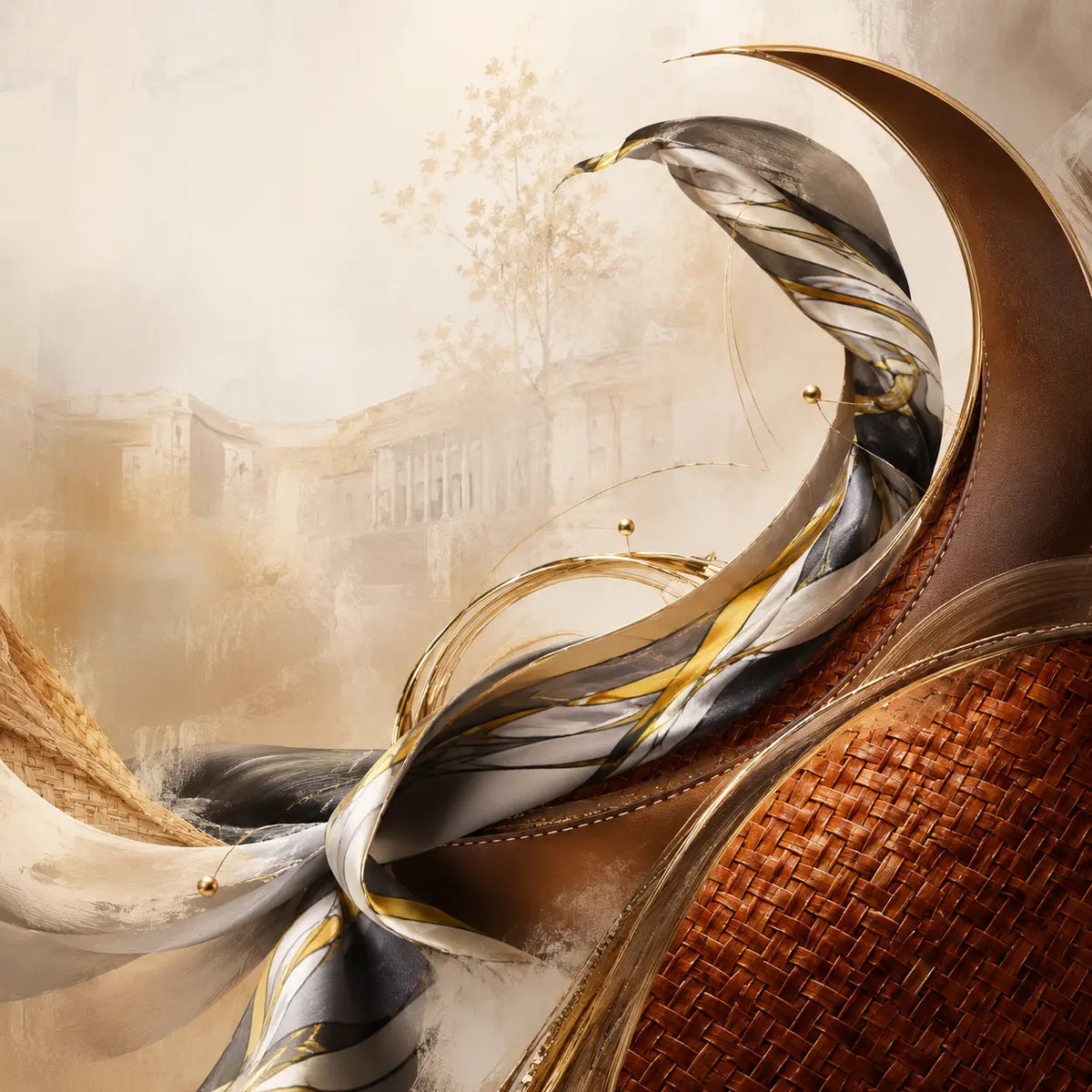 Abstract close-up of Half Moon bamboo bag with silk-wrapped handle and handwoven bamboo texture