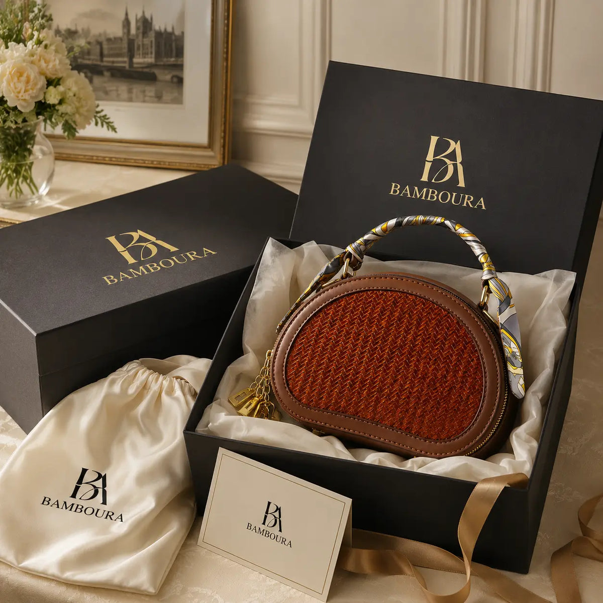 Half Moon handwoven bamboo bag in Bamboura gift box with luxury packaging