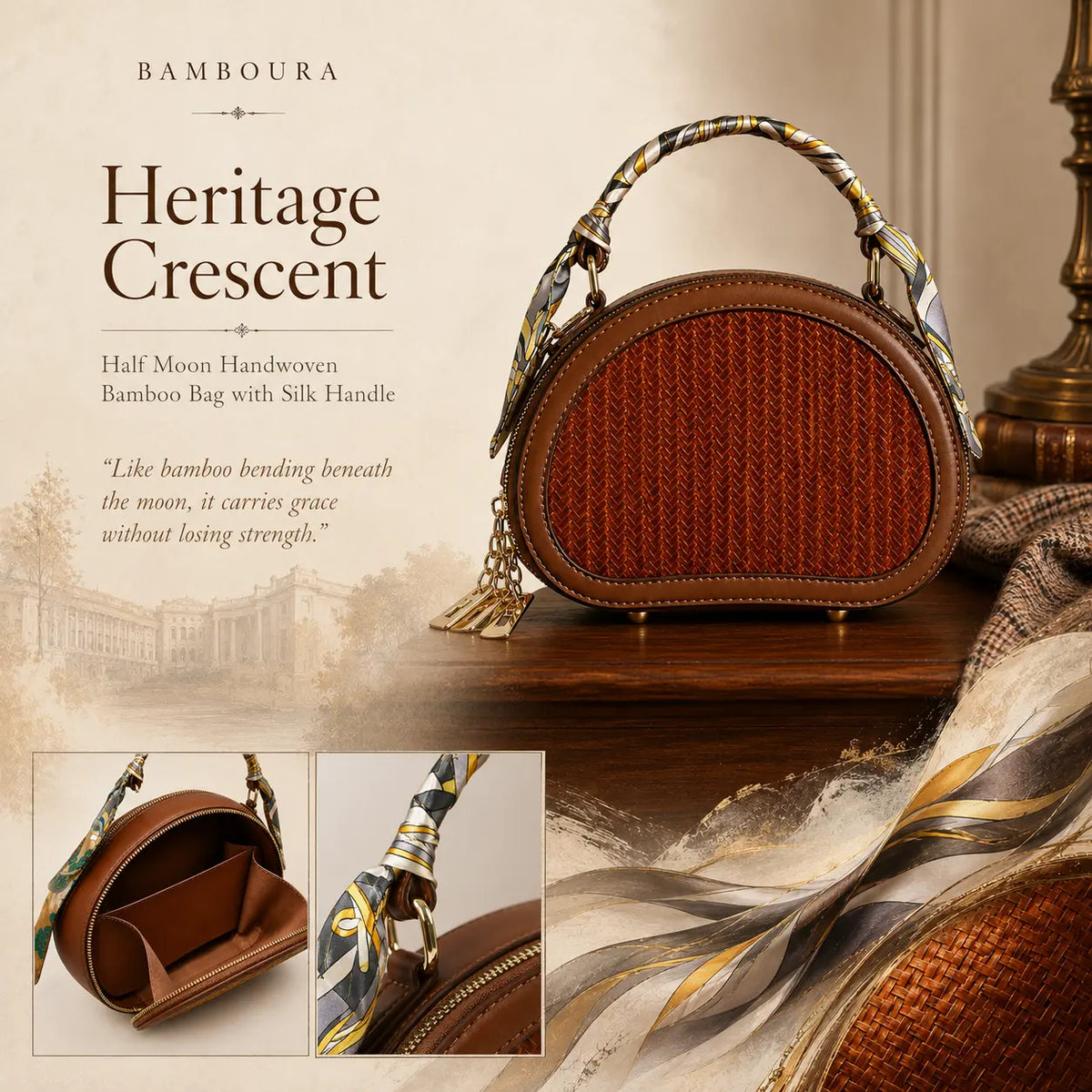 Half Moon Bamboo Bag with silk-wrapped handle, handwoven bamboo panel and bamboo meaning quote
