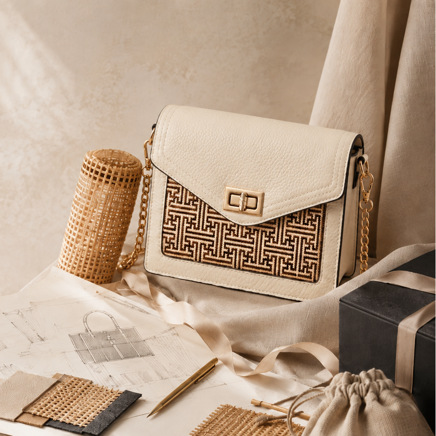 Ivory Bamboo Weave Crossbody Bag