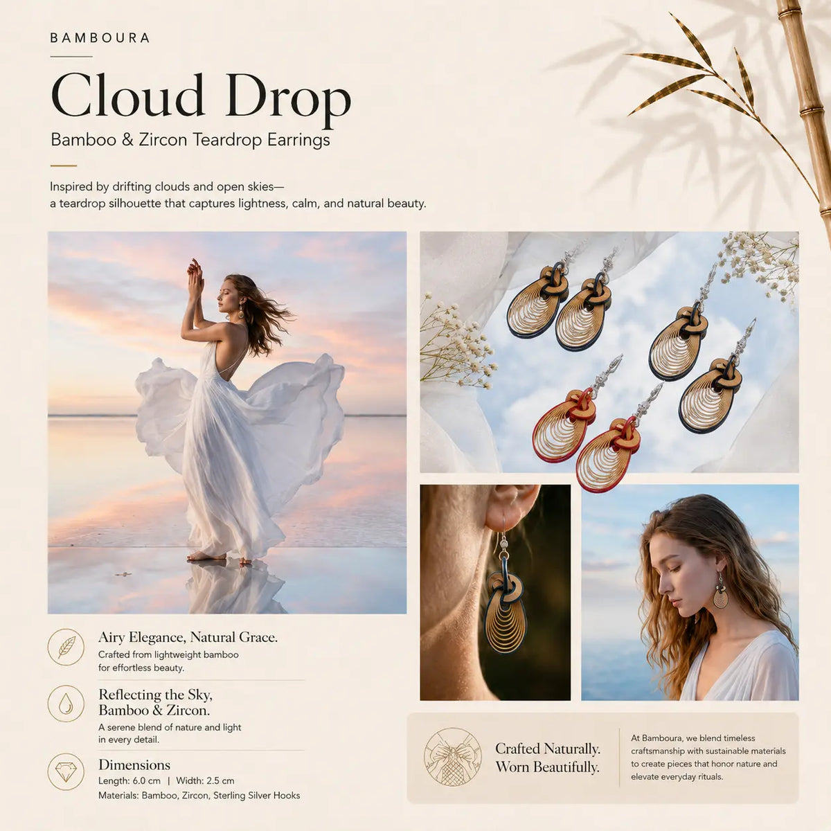 Bamboura Cloud Drop earrings showing lightweight bamboo and zircon detail