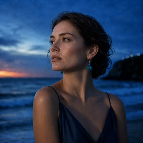 Model wearing Bamboura Ocean Whispers bamboo and kyanite earrings
