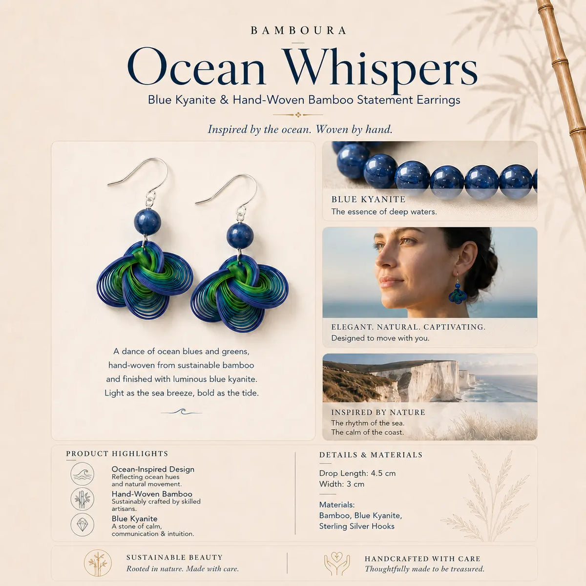 Crafted-to-order Ocean Whispers bamboo earrings with natural gemstone detail