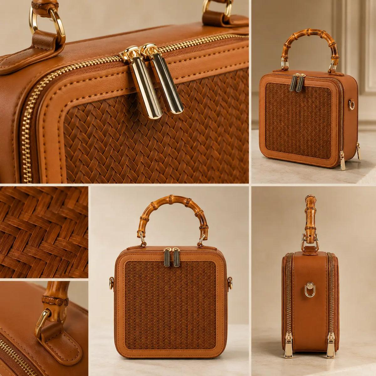 Close up details of Apsley Weave bamboo weaving and handcrafted handbag materials
