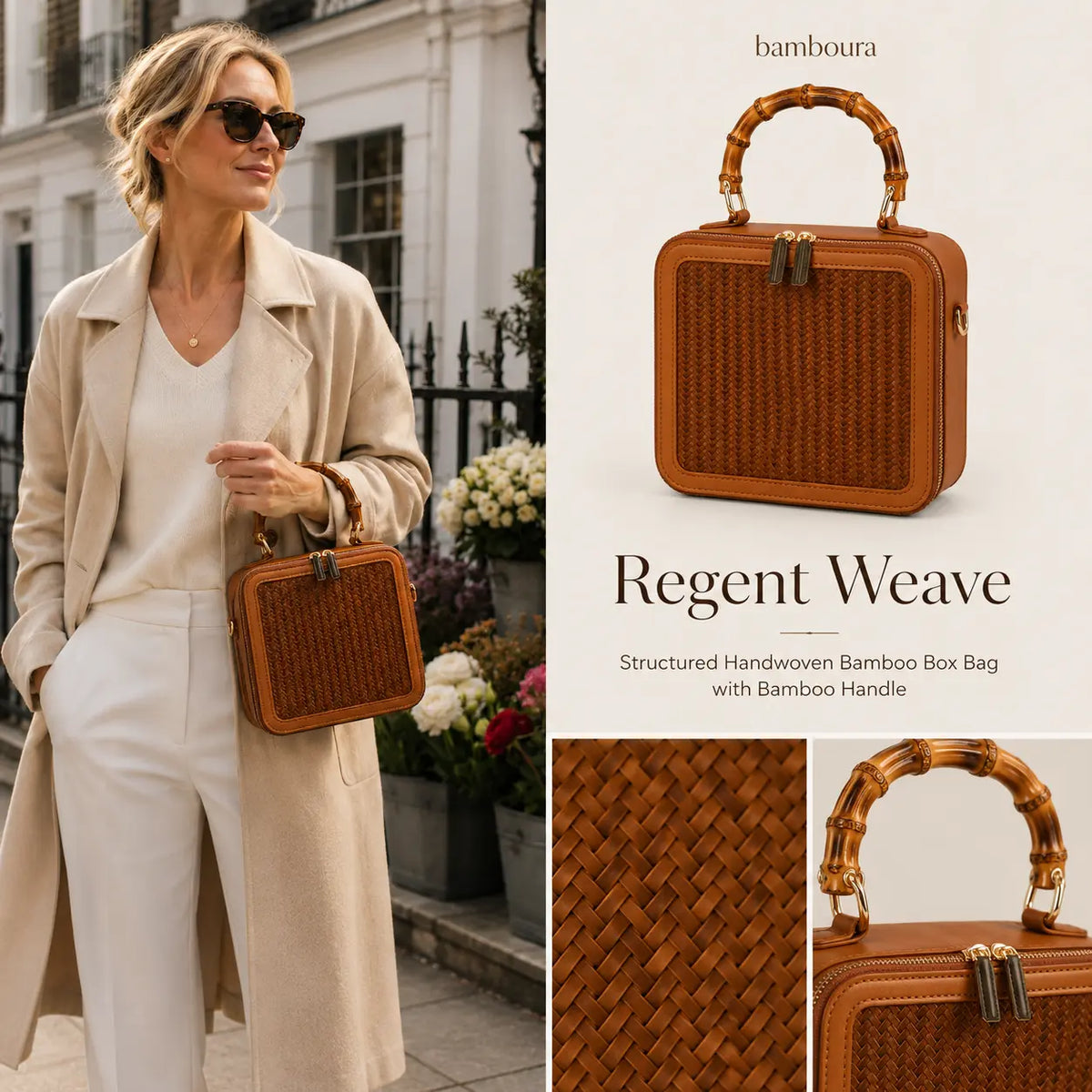 Apsley Weave handwoven bamboo box bag with handcrafted details and natural texture