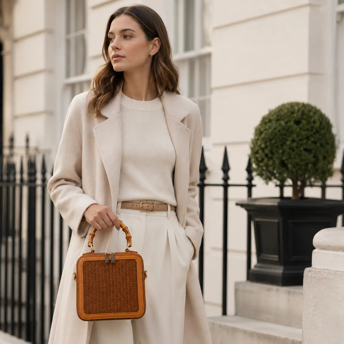 Apsley Weave bamboo handbag styled for quiet luxury everyday fashion