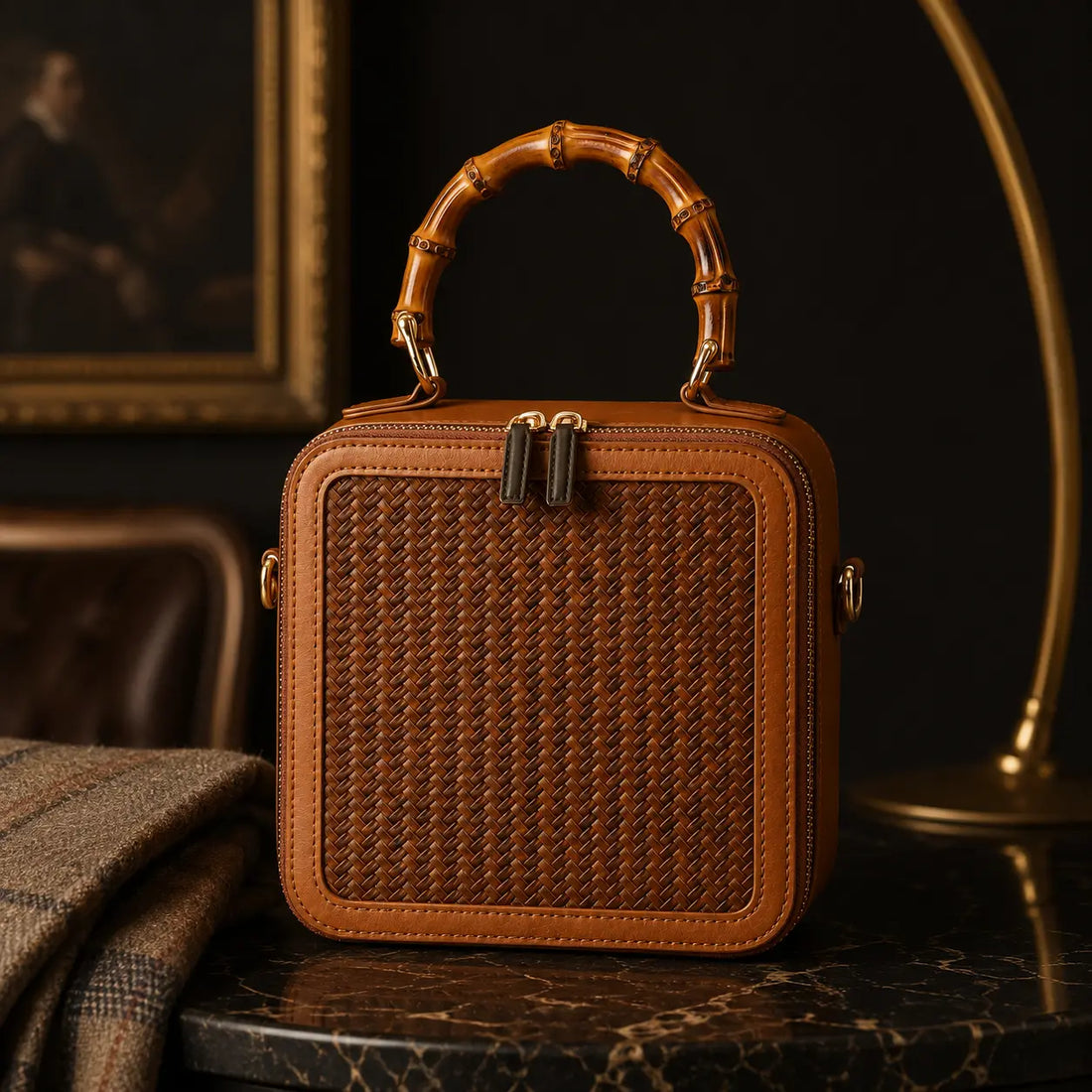 Structured handwoven bamboo box bag with bamboo handle showcasing Bamboura craftsmanship