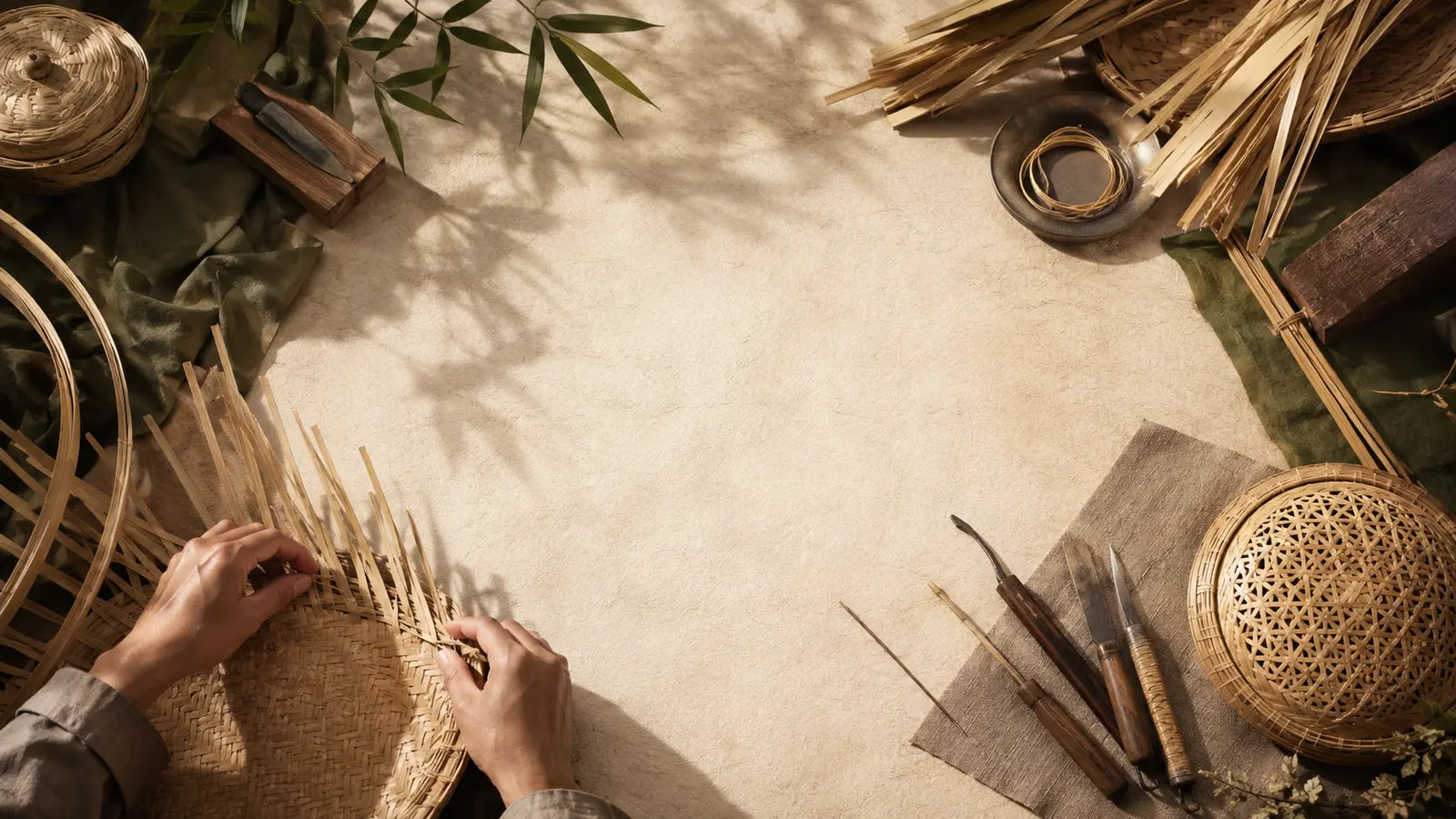 Traditional bamboo craft materials arranged around handwoven bamboo pieces