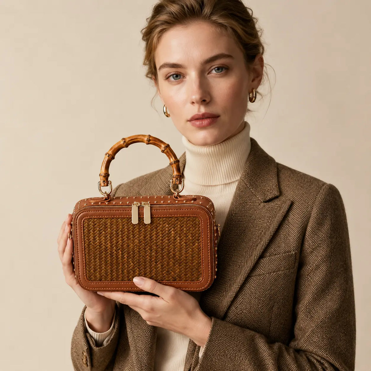 Regent Weave structured bamboo box bag styled as a quiet luxury handbag with sculptural handwoven texture