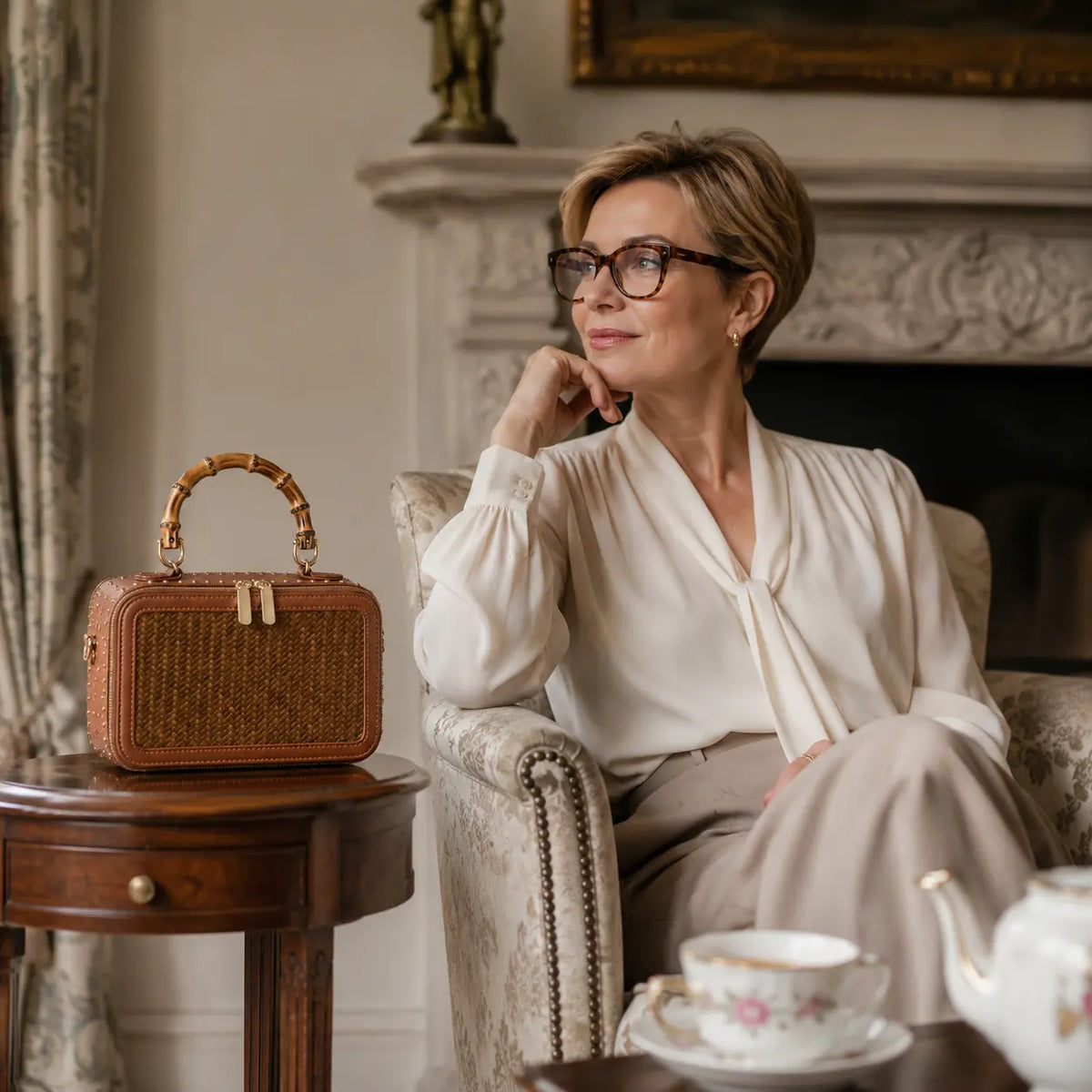 Regent Weave bamboo handbag styled with refined neutral layers for quiet luxury occasion dressing