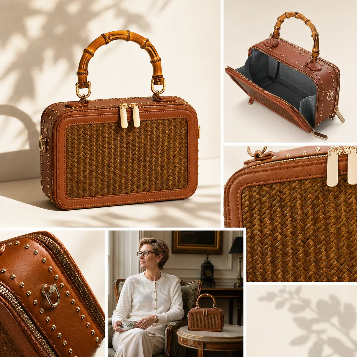 Close-up lookbook image of Regent Weave handwoven bamboo texture with natural grain and refined leather trim