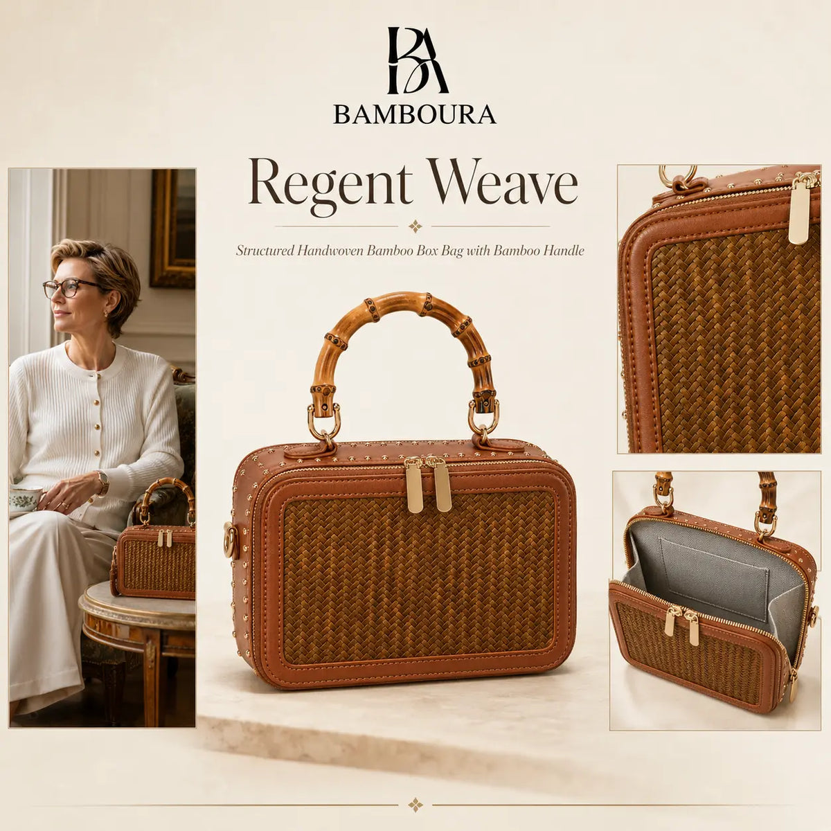 Regent Weave bamboo box bag presented as a made-to-order handwoven bamboo accessory with careful finishing