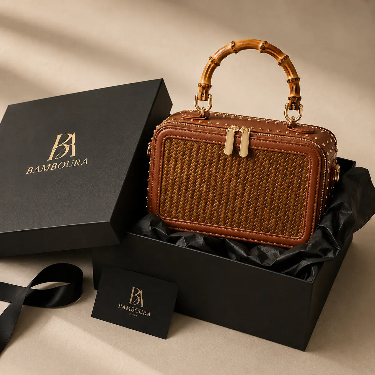 Regent Weave distinctive bamboo bag with structured shape, natural bamboo warmth and quietly memorable design