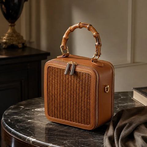 Apsley Weave bamboo box bag styled with natural woven texture and structured design