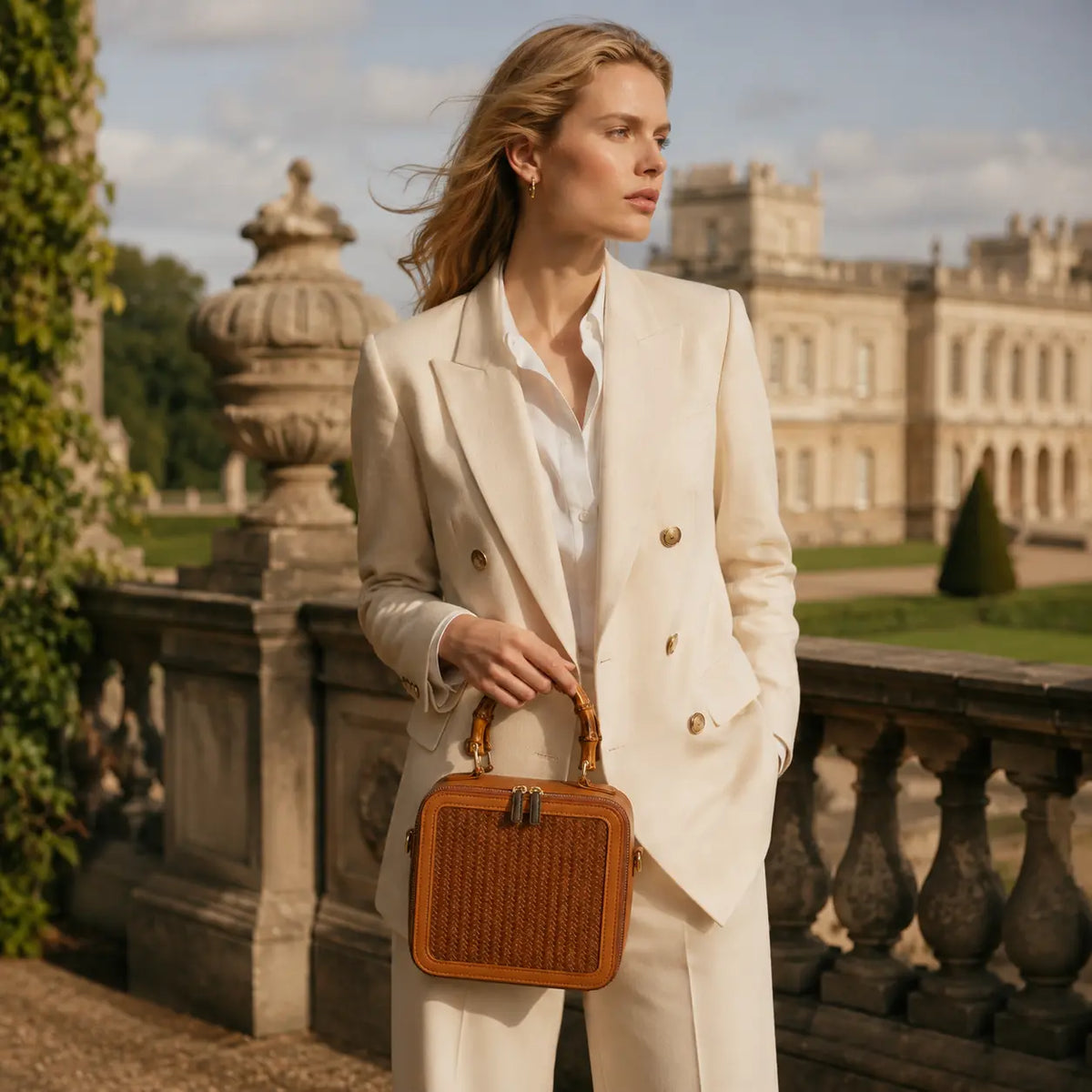 Woman styling Apsley Weave handwoven bamboo handbag with elegant neutral outfit