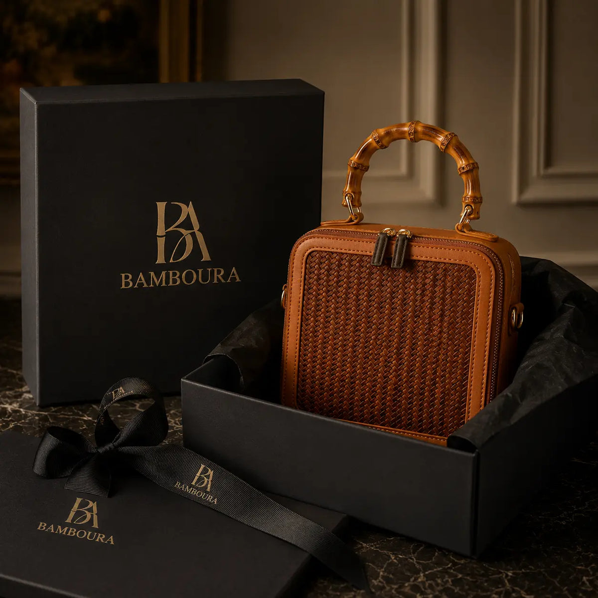 Bamboura Apsley Weave bamboo handbag presented in luxury gift packaging
