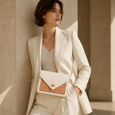 Bamboura Ivory Atelier luxury bamboo handbag styled with a white tailored outfit, showcasing an elegant women's crossbody bag with handcrafted woven details.