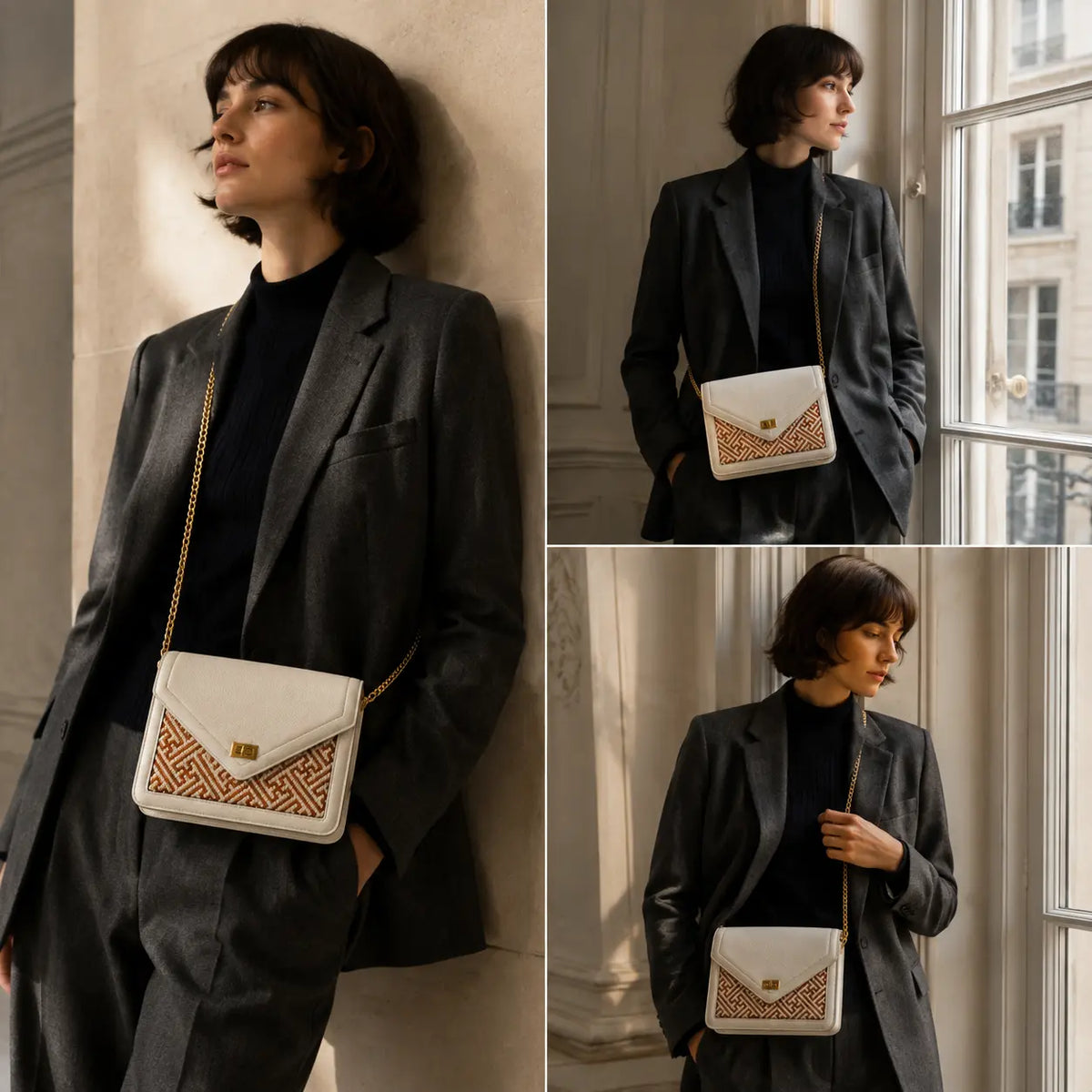 Ivory Atelier luxury bamboo leather handbag worn by an elegant woman in a tailored black outfit, showcasing a handcrafted bamboo panel and quiet luxury crossbody style.