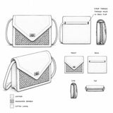 Ivory Atelier handcrafted bamboo leather bag design sketch showing front, back and side views with detailed construction of the woven bamboo panel.