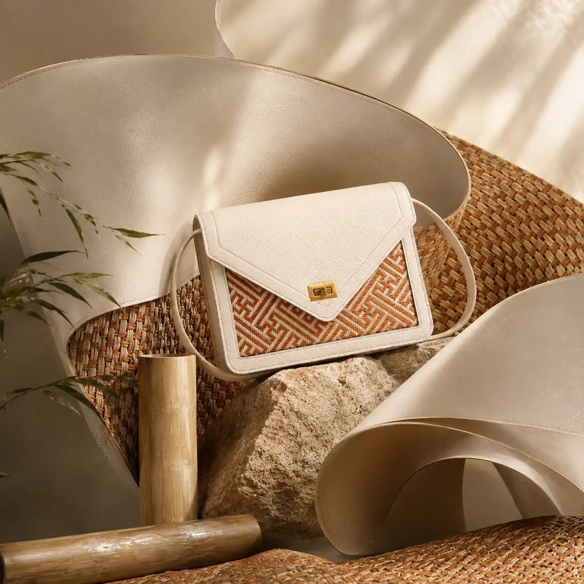 Ivory Atelier bamboo leather handbag inspired by natural materials, combining woven bamboo craftsmanship with premium leather for timeless luxury design.
