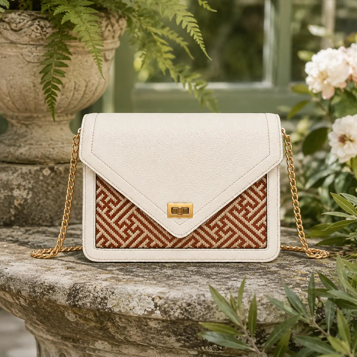 Ivory Atelier luxury bamboo handbag styled in a natural outdoor setting, featuring an elegant crossbody silhouette and handcrafted woven bamboo panel.