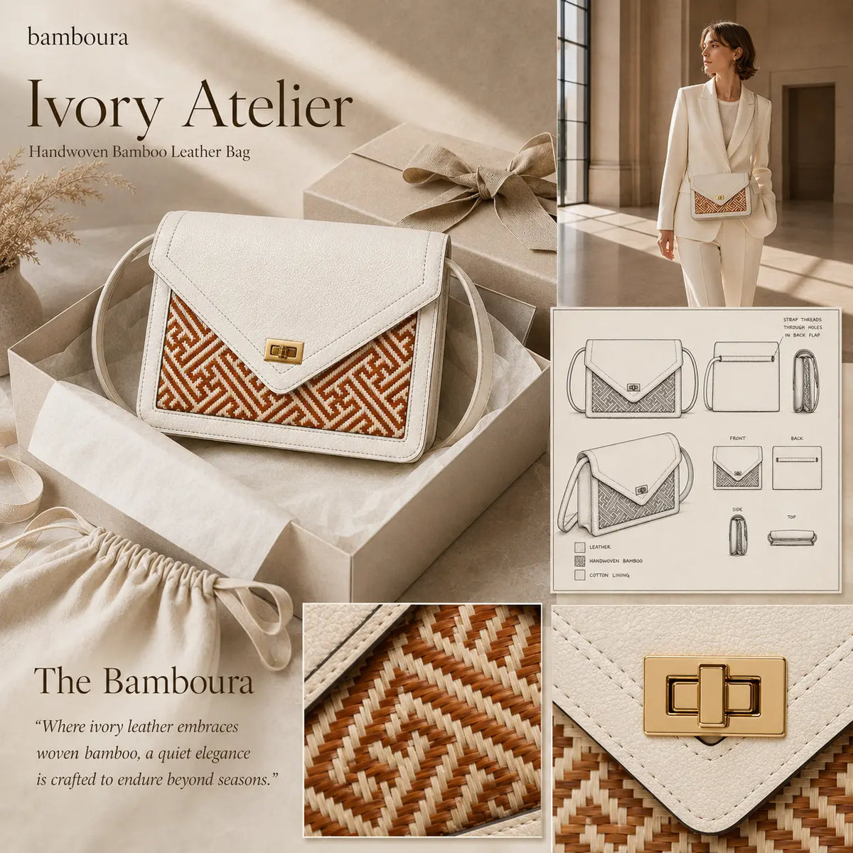 Bamboura Ivory Atelier handcrafted handbag lookbook featuring a luxury bamboo leather bag, refined design details, and modern British quiet luxury style.