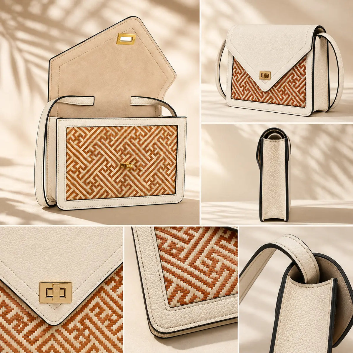 Close-up view of Ivory Atelier handcrafted bamboo leather handbag featuring premium ivory leather, handwoven bamboo detailing, and refined artisan craftsmanship.